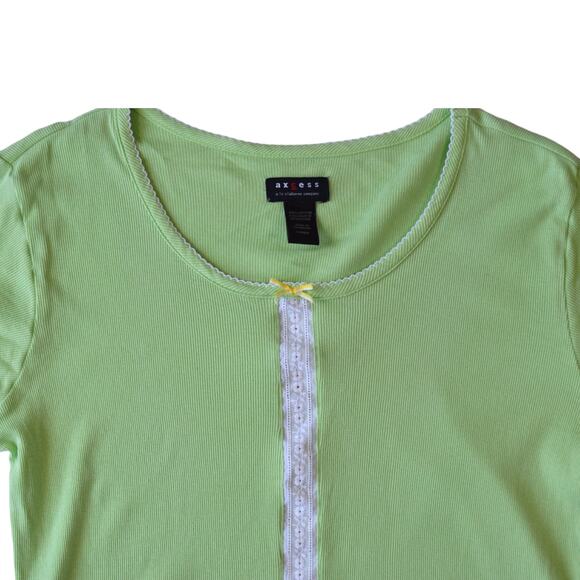 Y2K Green Ribbed Top with Mini Bow & Lace Detail - Size Large - Picture 2 of 6